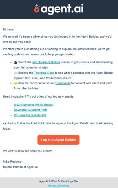 Re-engagement email example with 'We Miss You' subject line showing friendly tone and win-back messaging for inactive subscribers